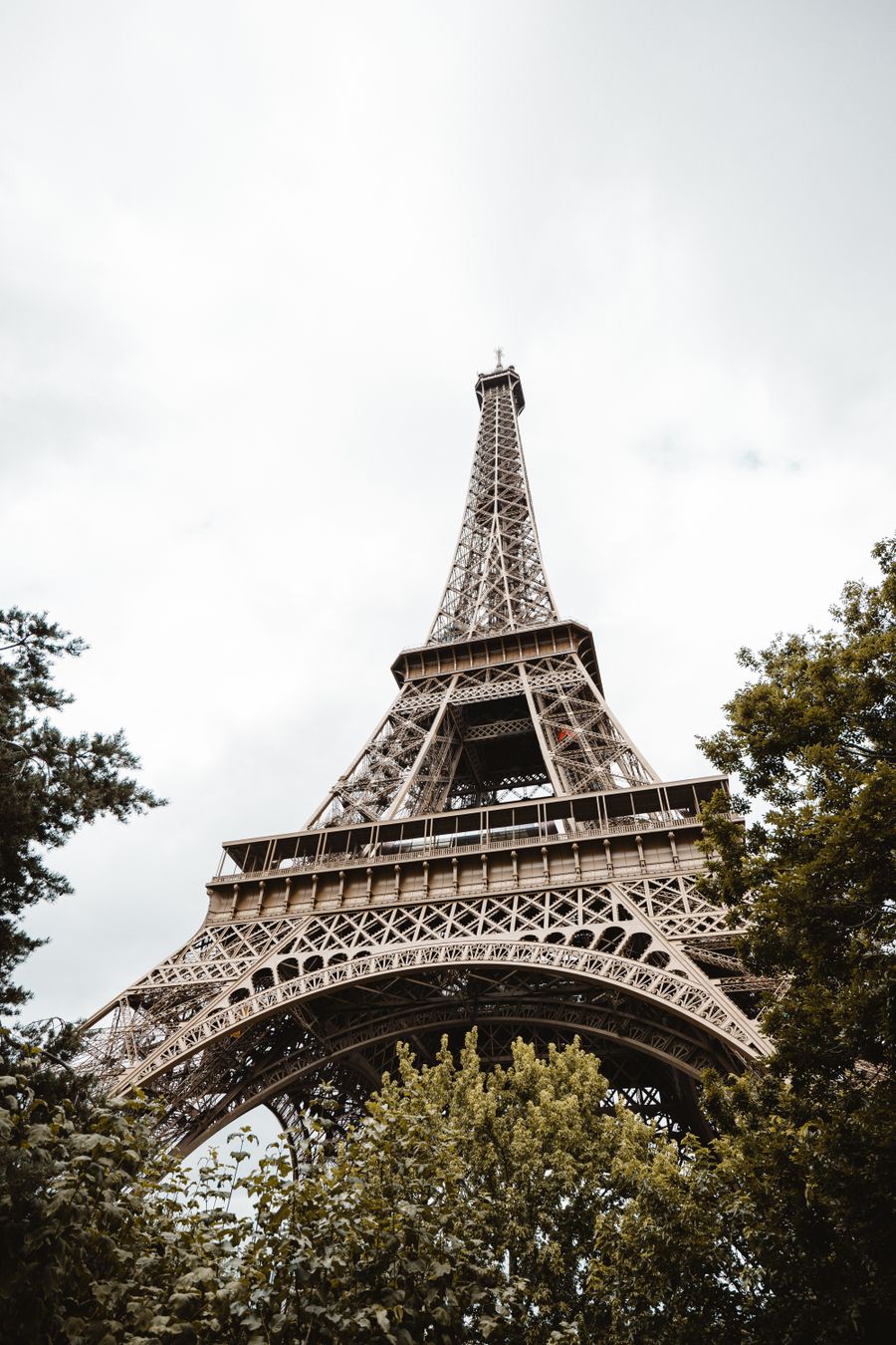 eiffel tower in paris framed by lush greenery — Rooftop check-in: boarding passes and hotel keys, all on the phone.