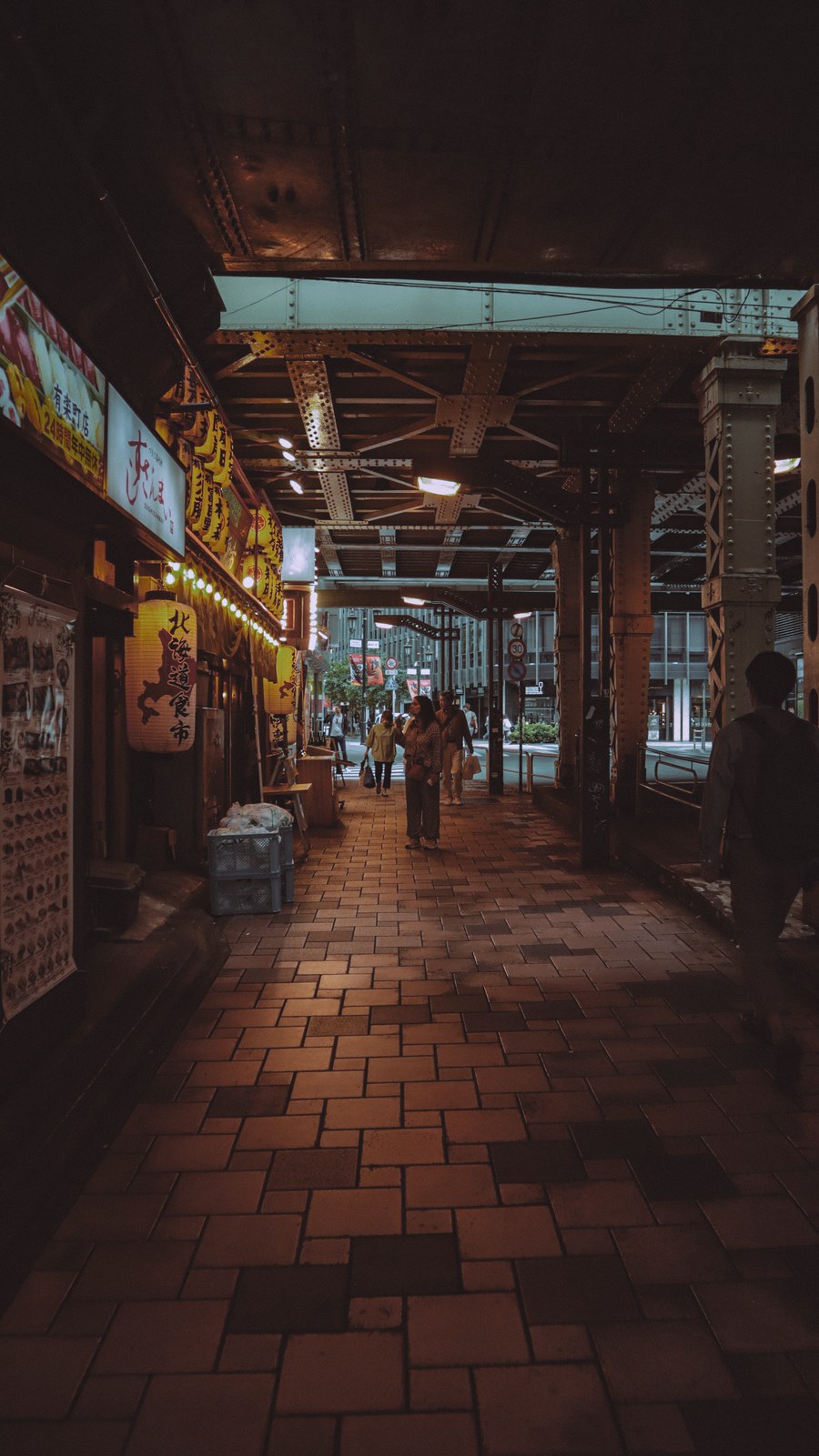atmospheric tokyo street under railway bridge — The red-eye recovery: hotel early-check-in arranged mid-flight.